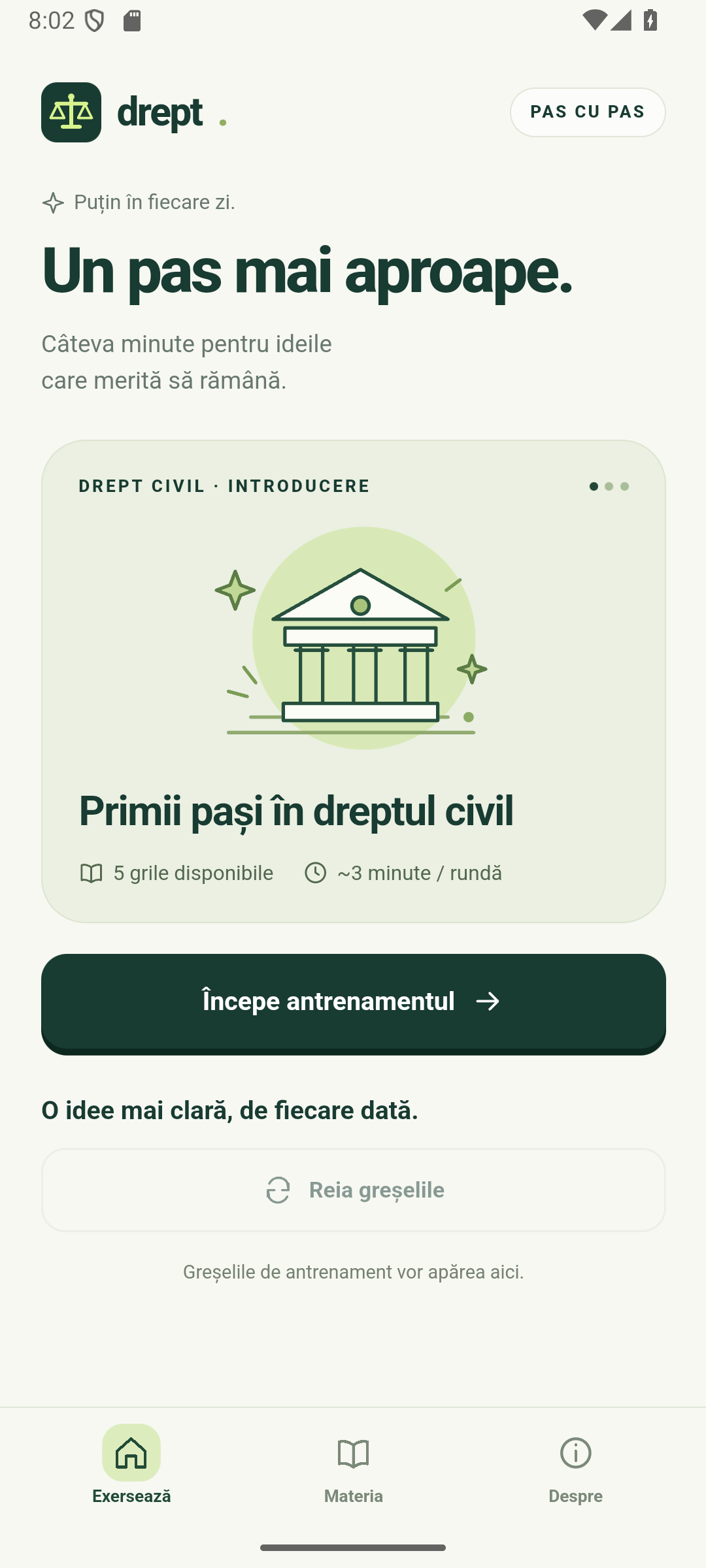 Ecranul aplicației Drept, cu antrenamentul introductiv de drept civil